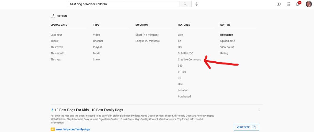 Creative Commons drop down results on youtube filtered
