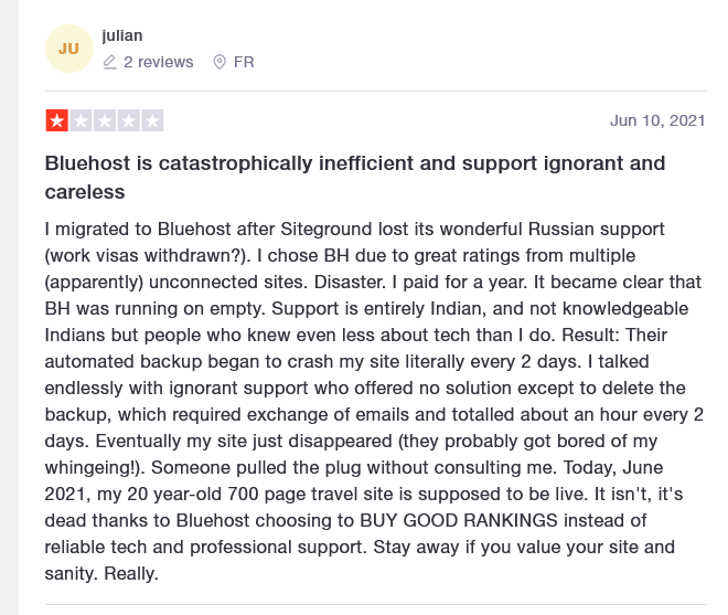Customer review of Bluehost and their experience.