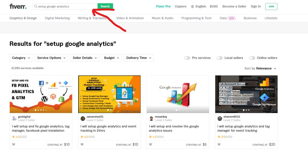setup Google analytics and search console on Fiverr