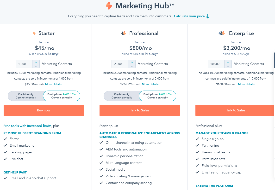 HubSpot pricing and features