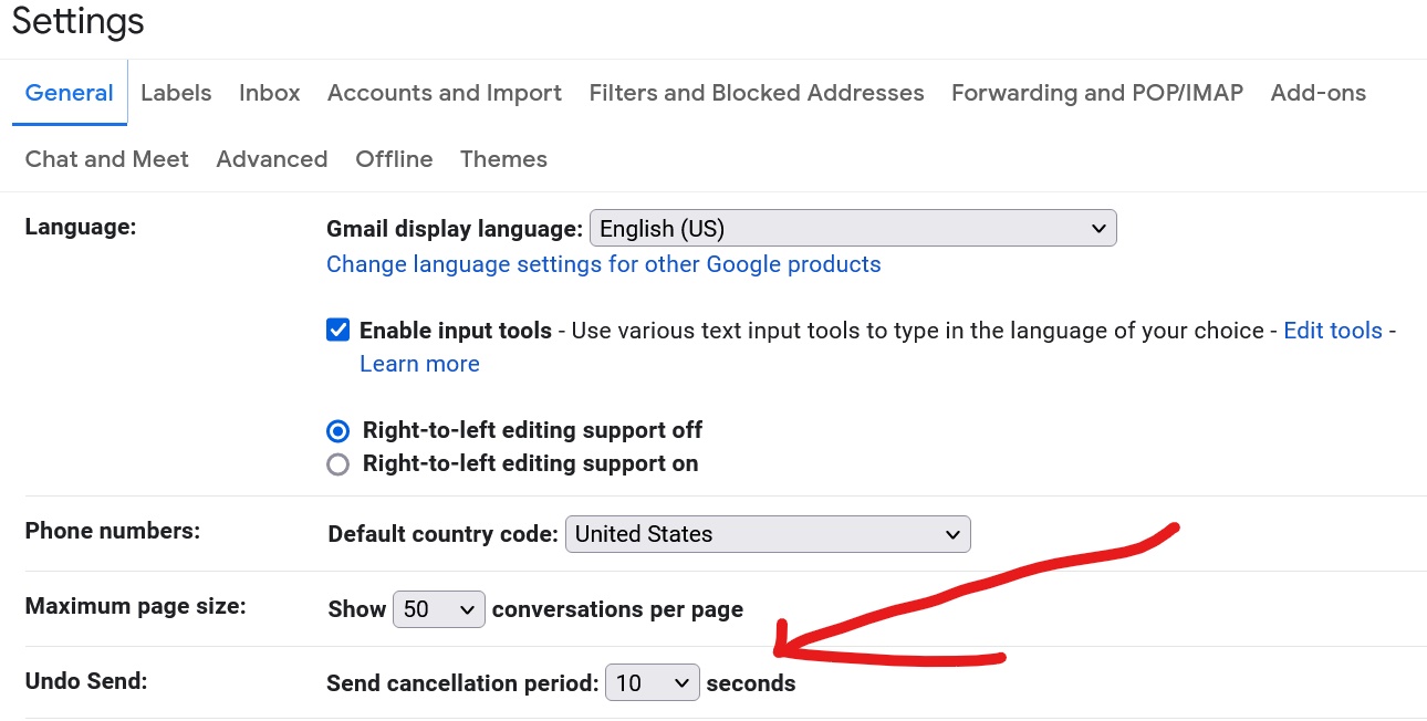 gmail undo delay settings