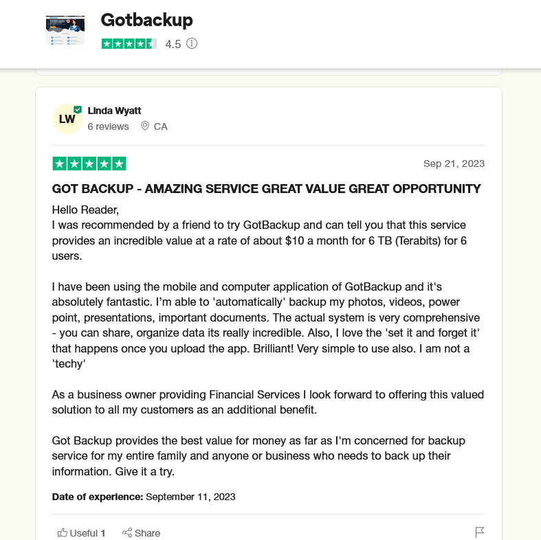 Gotbackup is rated Excellent with 4.5 5 on Trustpilot